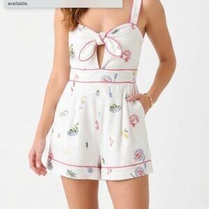 Caroline Constas Embroidered Linen Romper - Mediterranean Food Print - Size M.